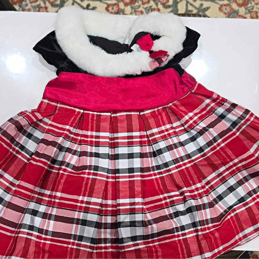 Jona Michelle 12-18 Mos Red Plaid Fit & Flare Velvet Faux Fur Dress CO3251